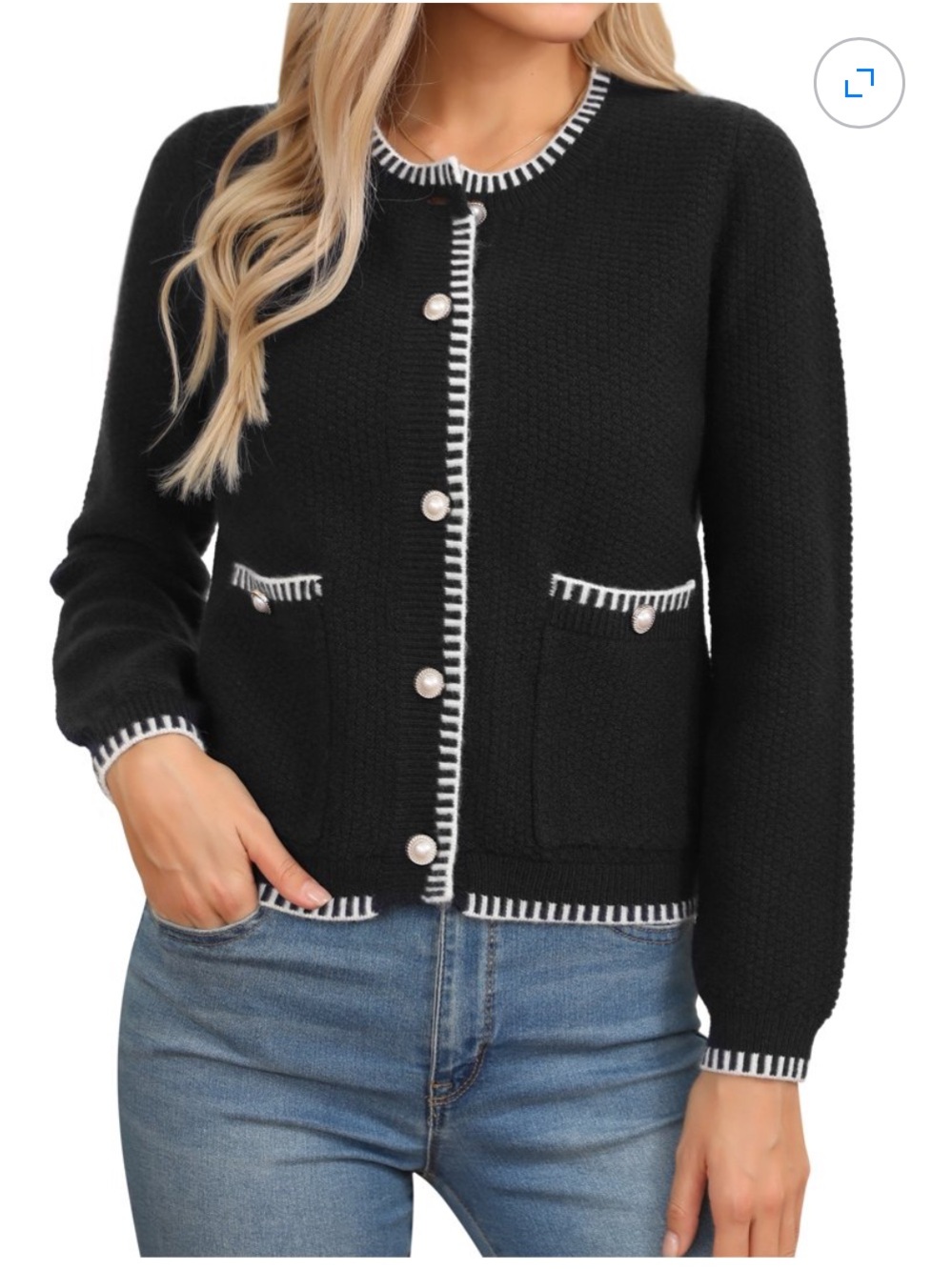 Black Contrast-Trim Crewneck Cardigan Sweater - Brand Unspecified